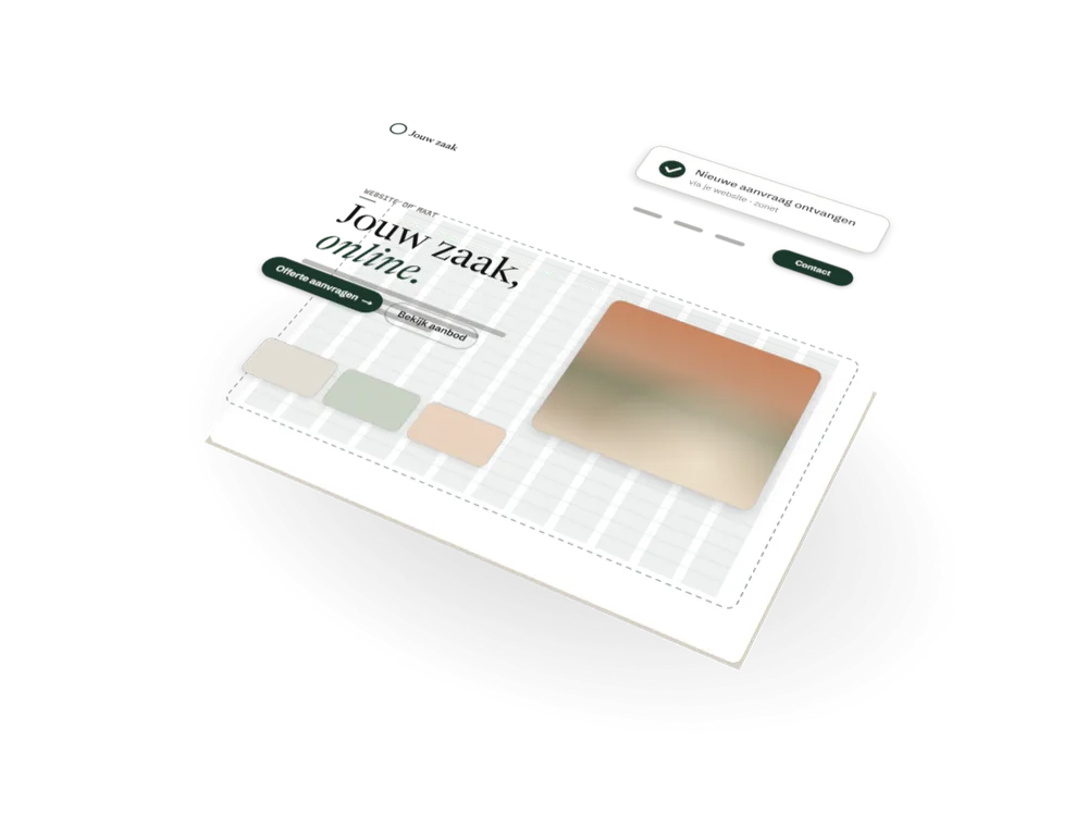 Een website in 3D, uit elkaar getrokken in lagen: raster, beeld, typografie en knoppen, met een melding dat er een nieuwe aanvraag binnenkwam.